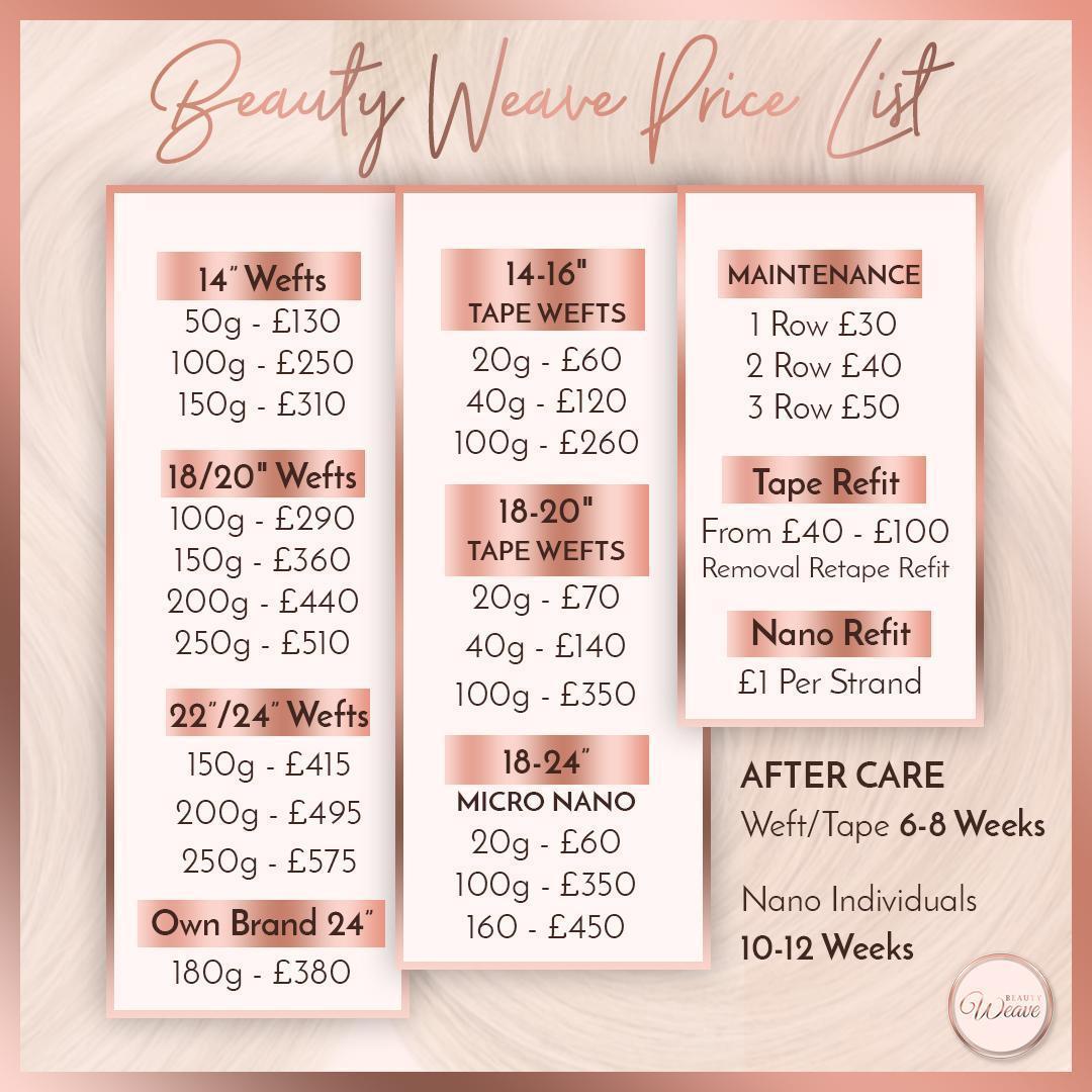 Hair Extensions Wigan, Price List for BeautyWeave Wigan